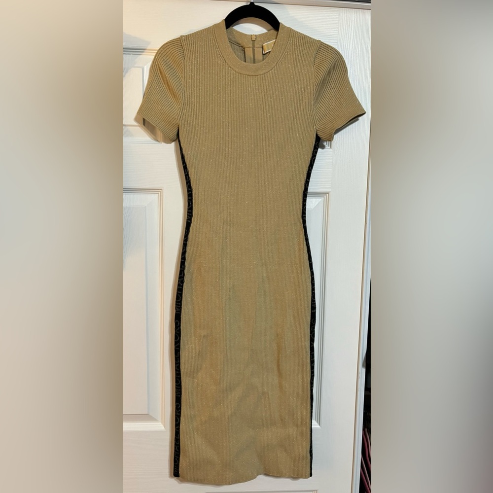 Michael Kors gold shimmer logo sweater dress, size M